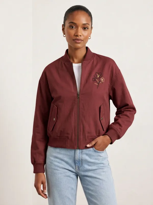 Women's Minimalist Floral Line Art Printed Bomber Jacket