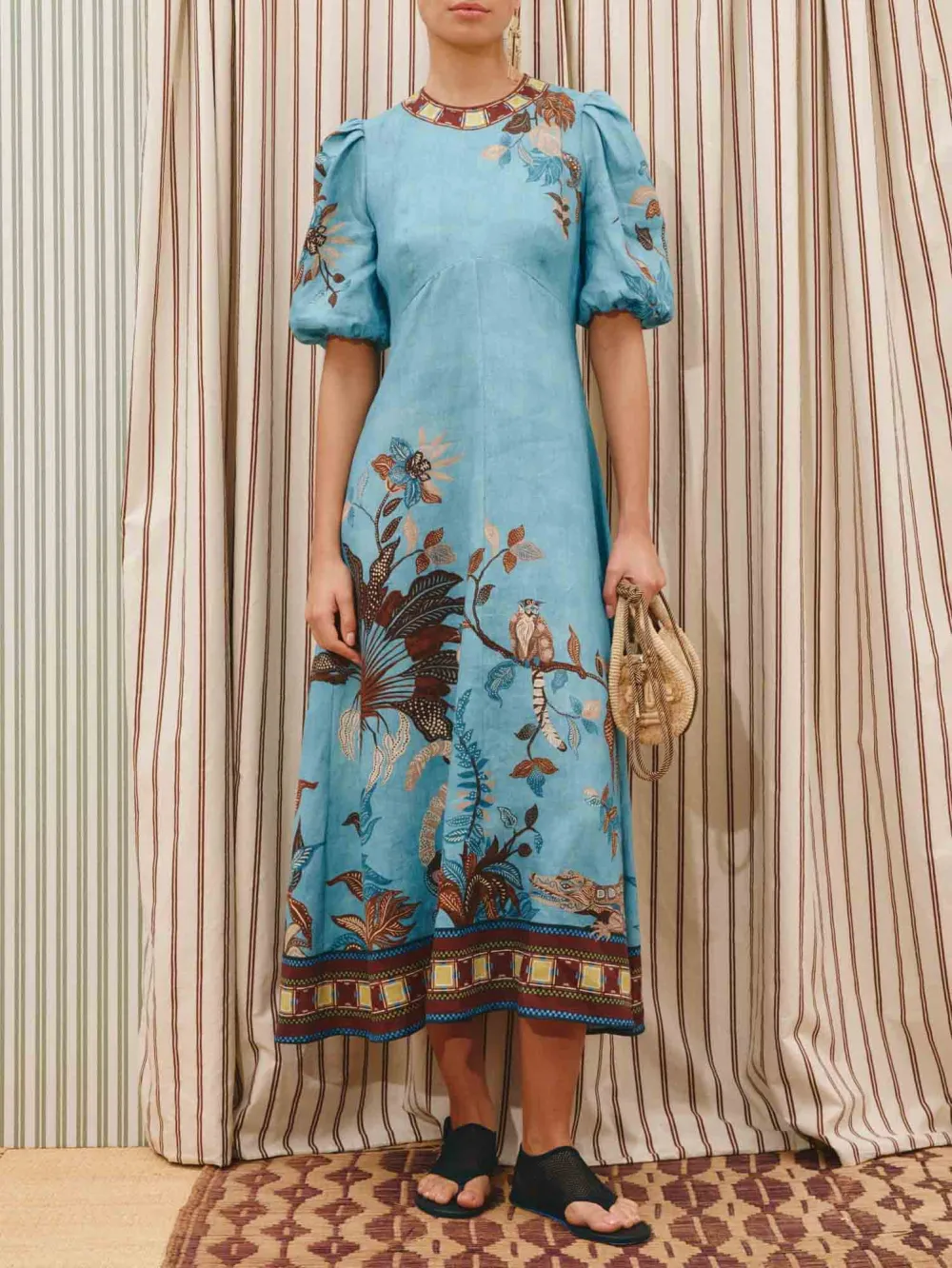 Elegant Vintage Floral Print Puff Sleeve Midi Dress
