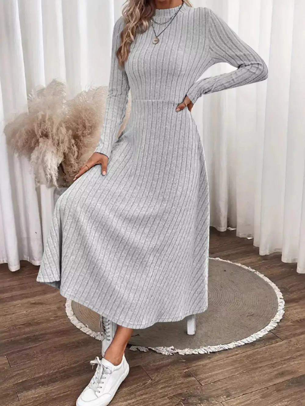 Ribbed Ribbed Knit Long Sleeve Midi Dress
