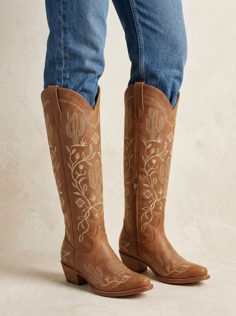Women's Western Cactus Floral Embroidered Pointed-Toe Block-Heel Stacked-Heel Denim Over-the-Knee Boots