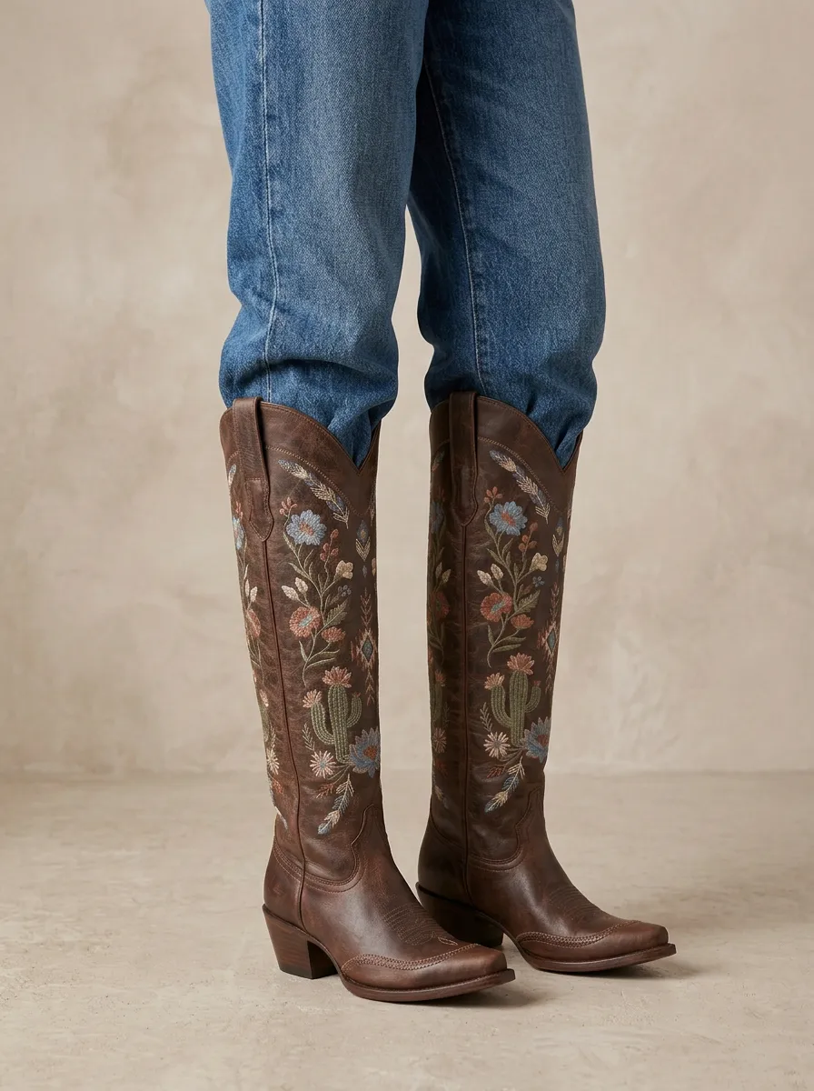 Women's Western Cactus Floral Embroidered Almond-Toe Block-Heel Denim Over-the-Knee Boots