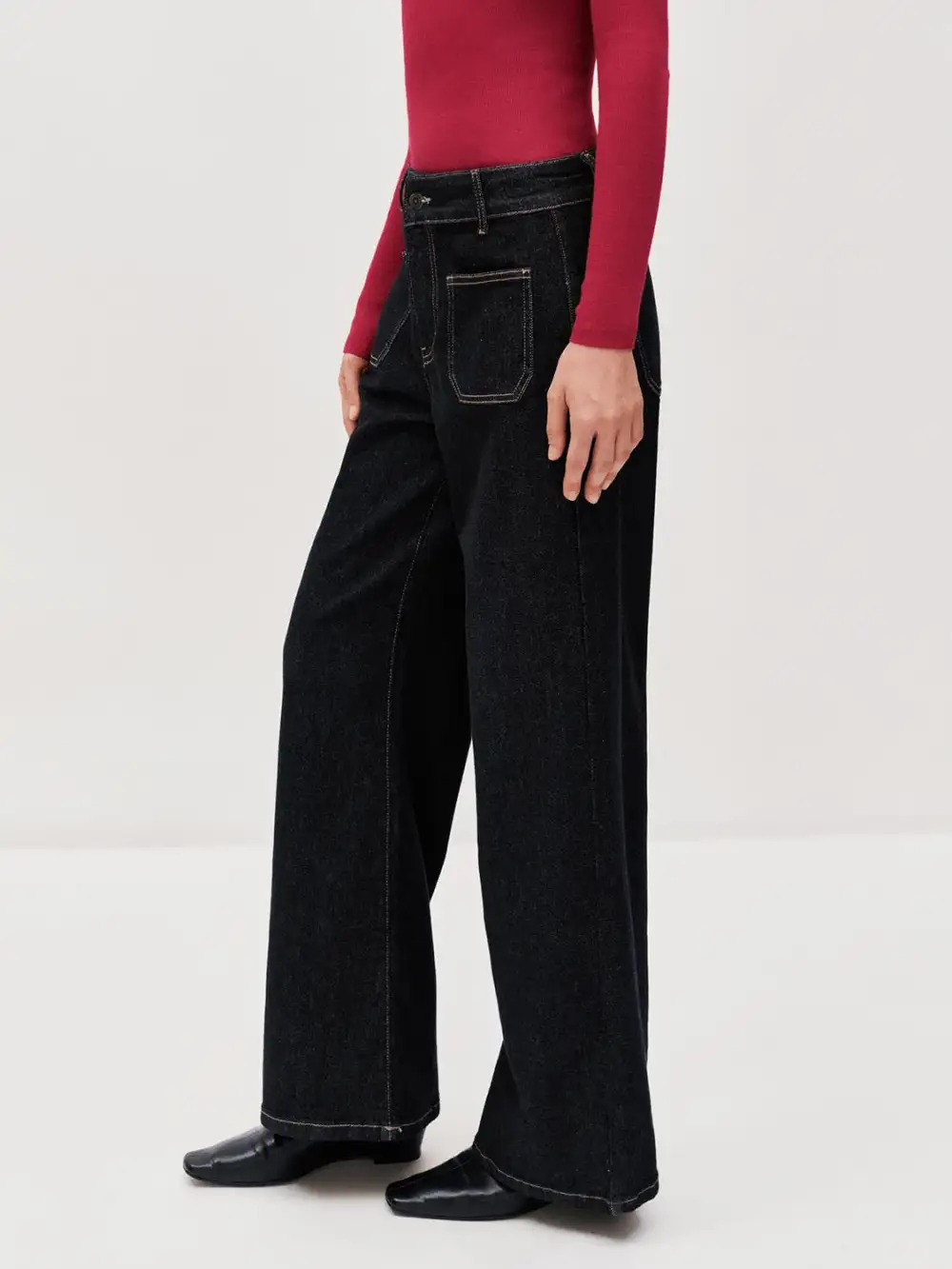 Ladies' Black Retro-Style Wide-Leg Denim Trousers