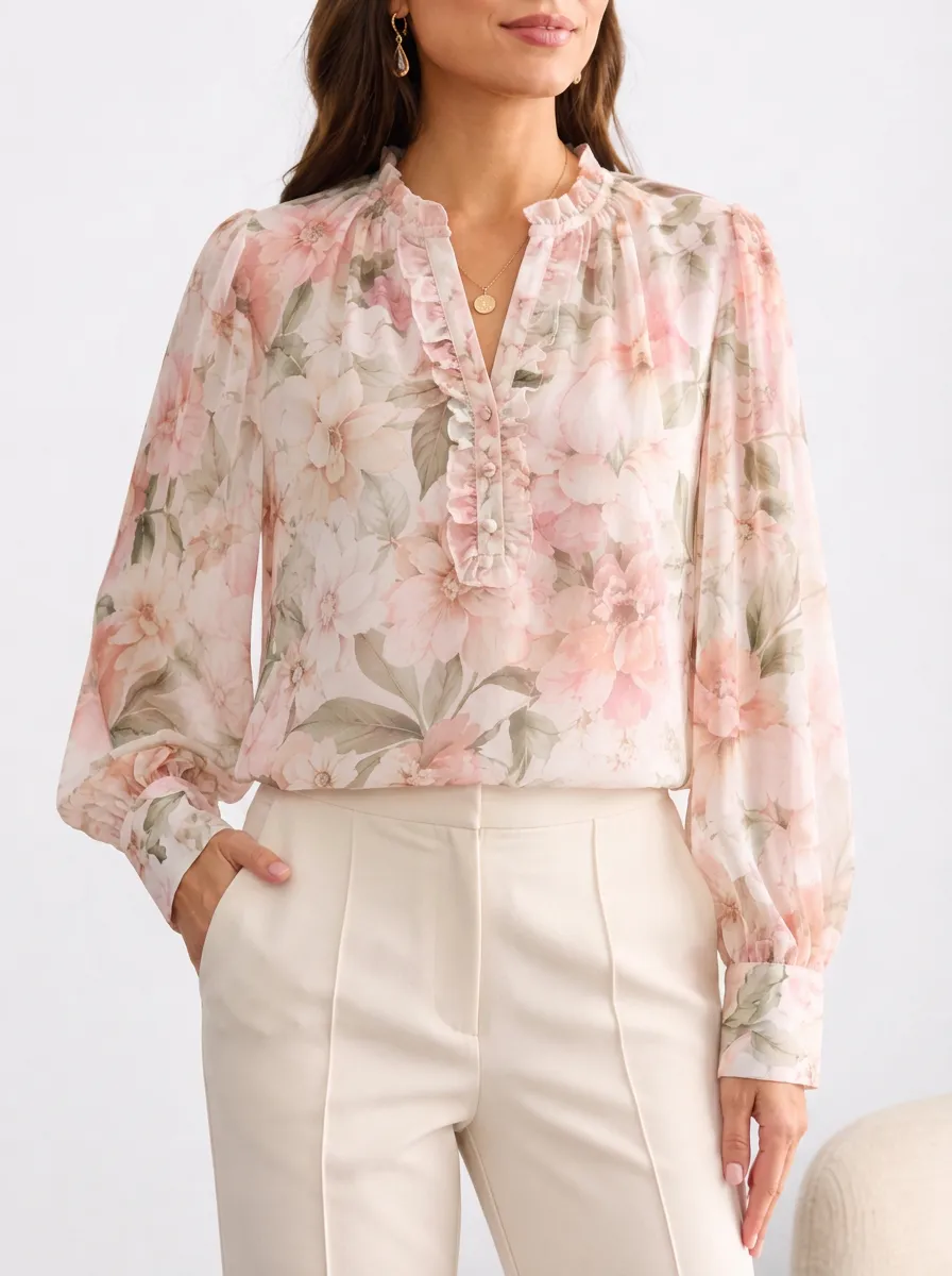 Women's Floral Print Split Neck Blouse