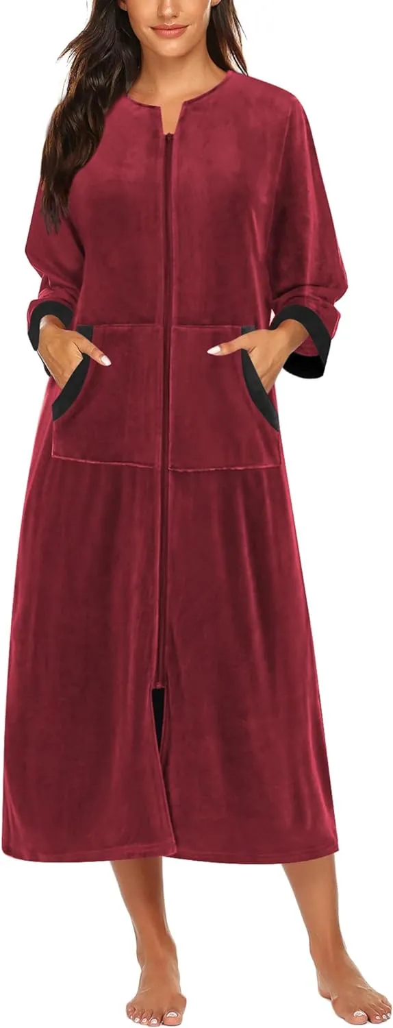 50% OFF Women Zipper Robe 3/4 Sleeves Loungewear Dress Full Length Sleepwear Pockets Housecoat Nightgown Long Bathrobe