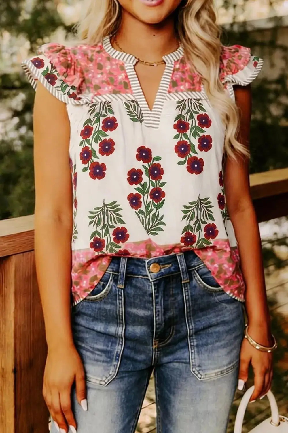 Floral Print Contrast Striped Trim Flutter Cotton
