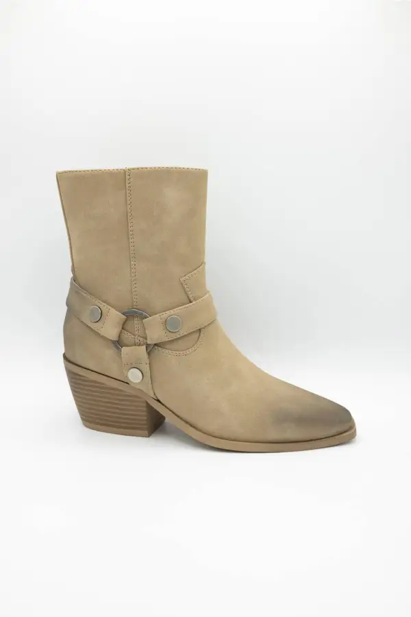 Classic Harness Suede Pointed Toe Mid Calf Bootie