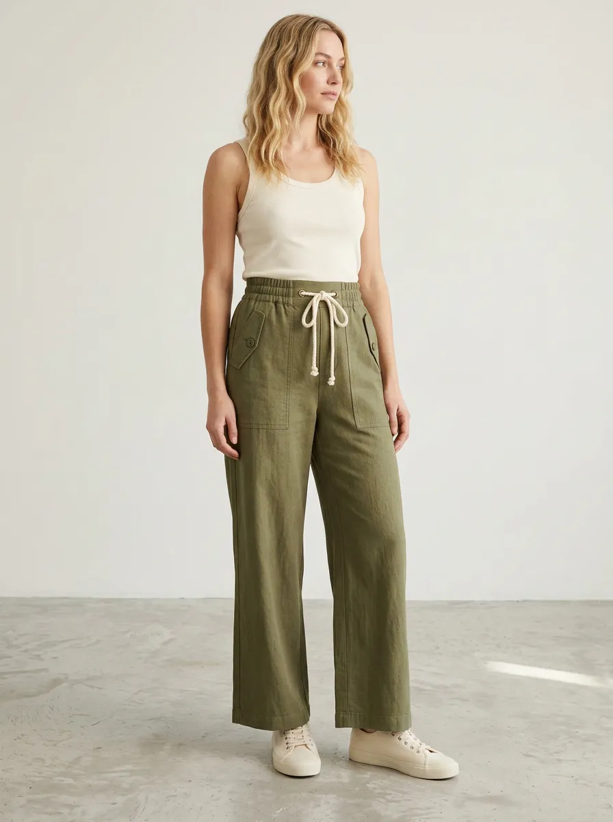 Women's Classic Linen Inspired Adjustable Drawstring Waist Pants