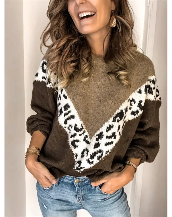 Solid color patchwork leopard print sweater