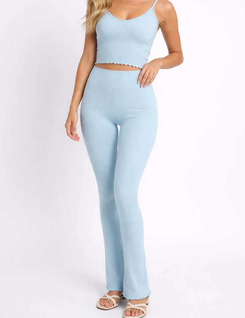 Casual Ribbed Ruffle Hem Elastic Waist Flared Leg Pants