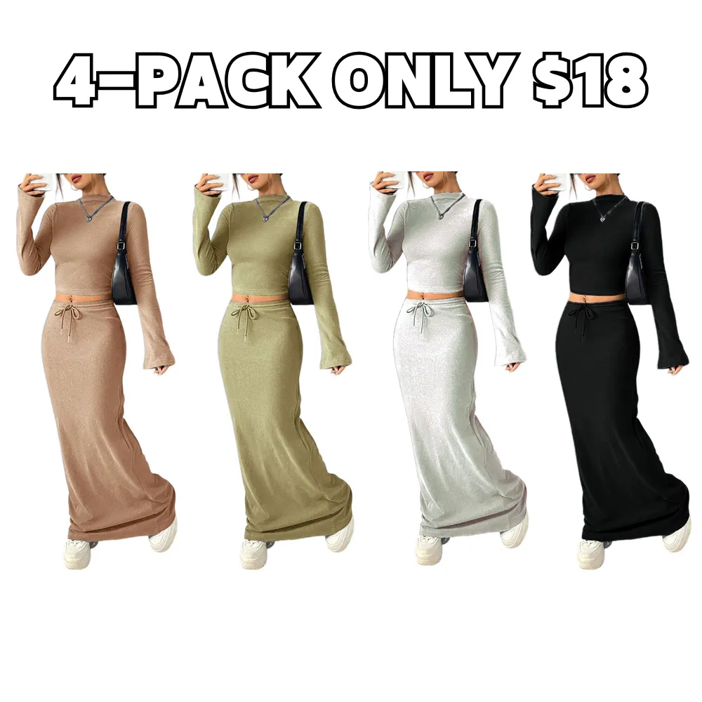 Women's Solid Flounce Sleeve Crop Tee & Skirt Two-piece Set for Daily Outdoor Wear, Women's Clothing for Spring & Fall