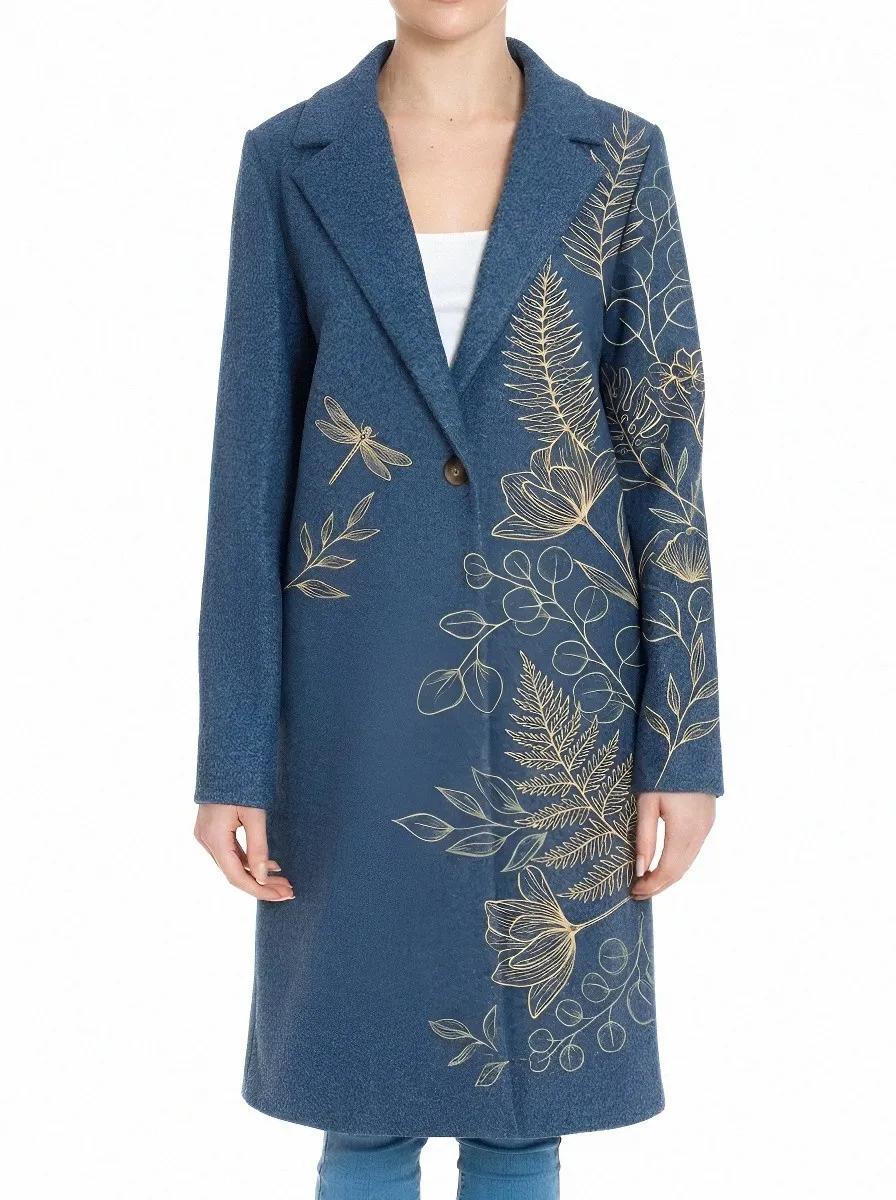 Women's Nature Lover Dragonfly Fern Printed Wool Coat
