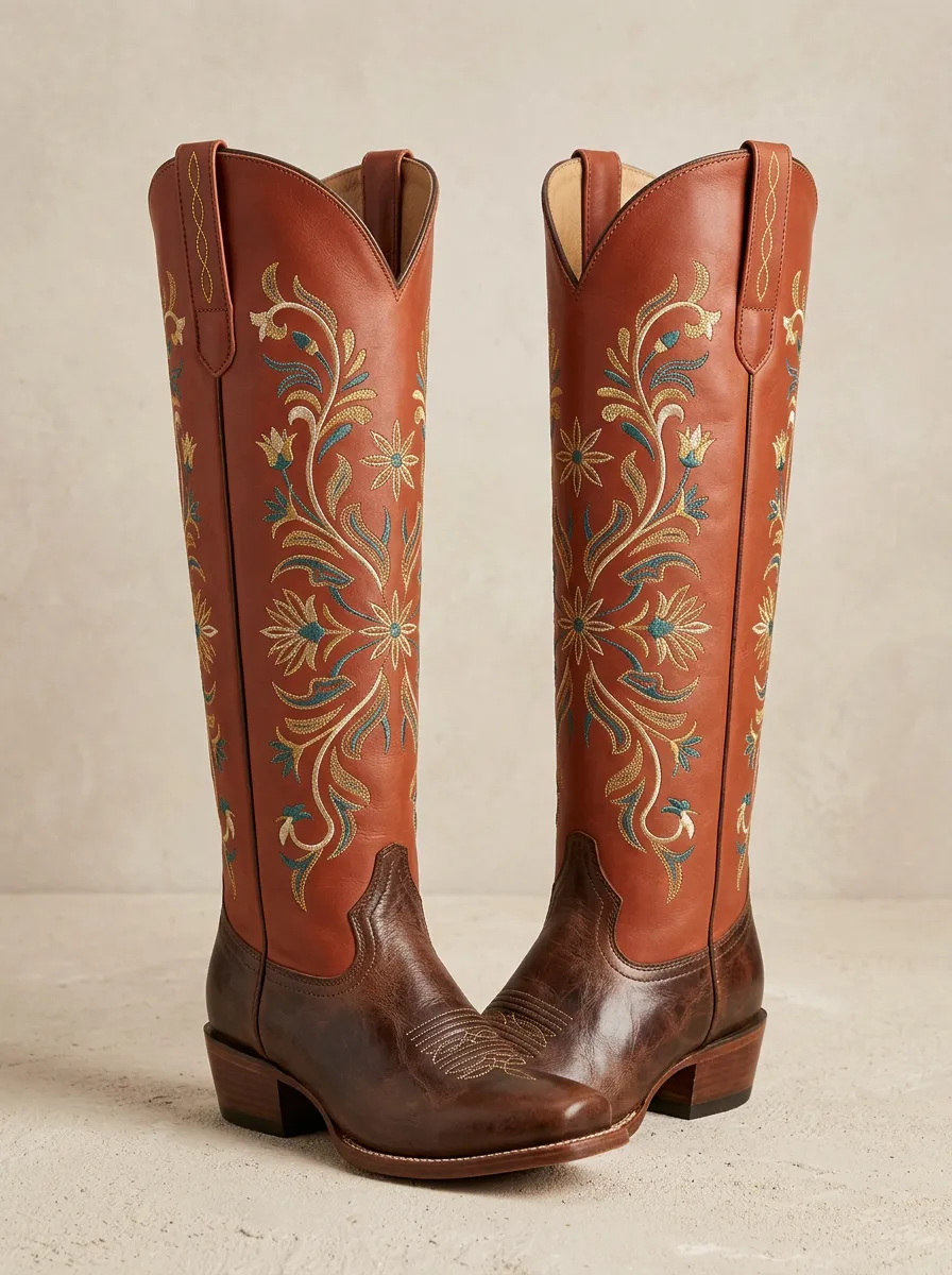 Women's Western Floral Embroidered Almond-Toe Block-Heel Stacked-Heel Denim Over-the-Knee Boots