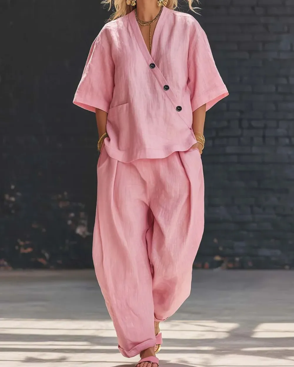 Casual Cotton and Linen V-Neck Top and Wide Leg Set