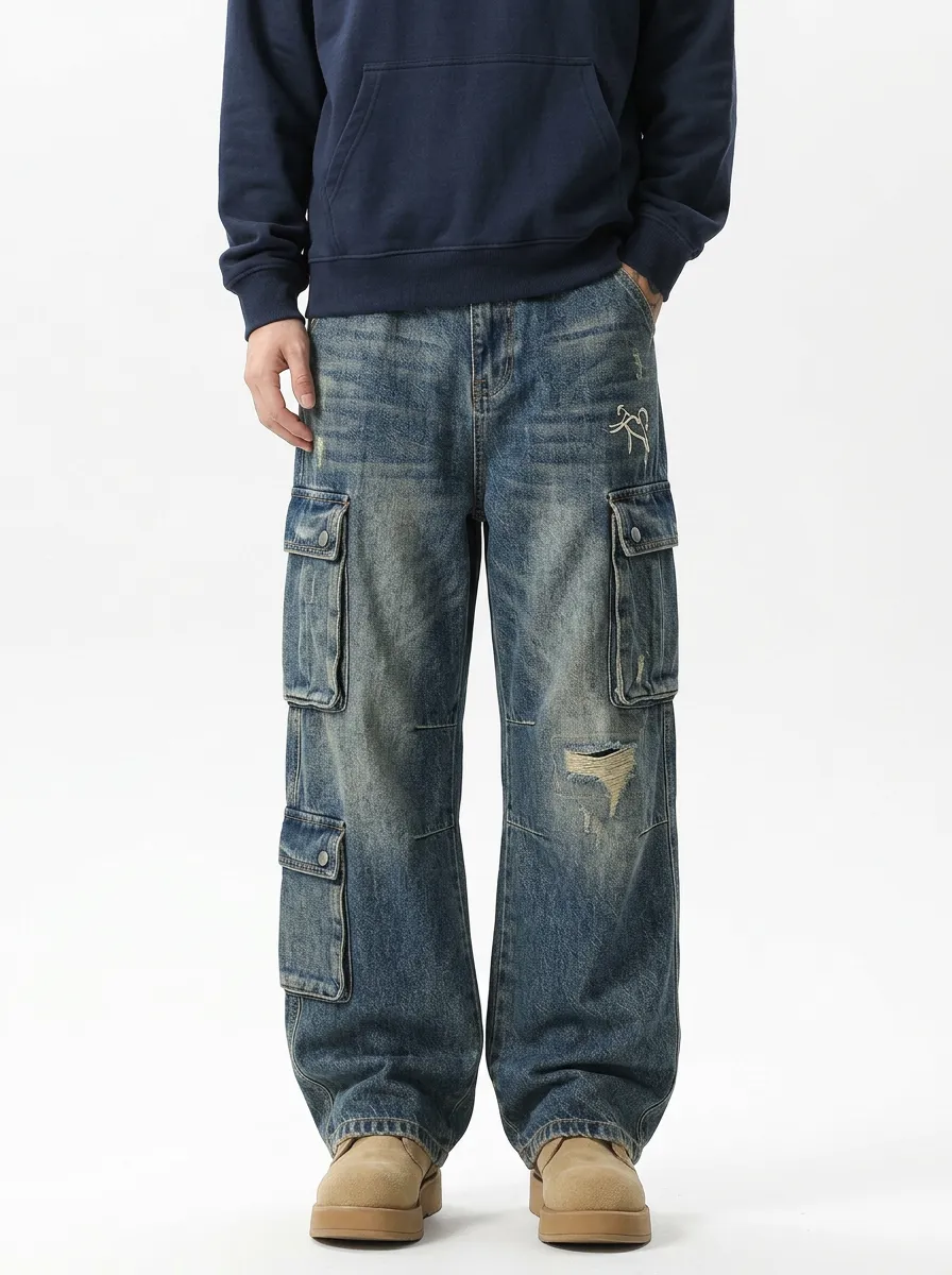 Men's Vintage Distressed Embroidered Cargo Jeans