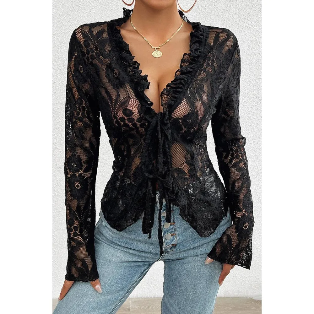 Lace Trim Ruffle Trim Knot Detail Top