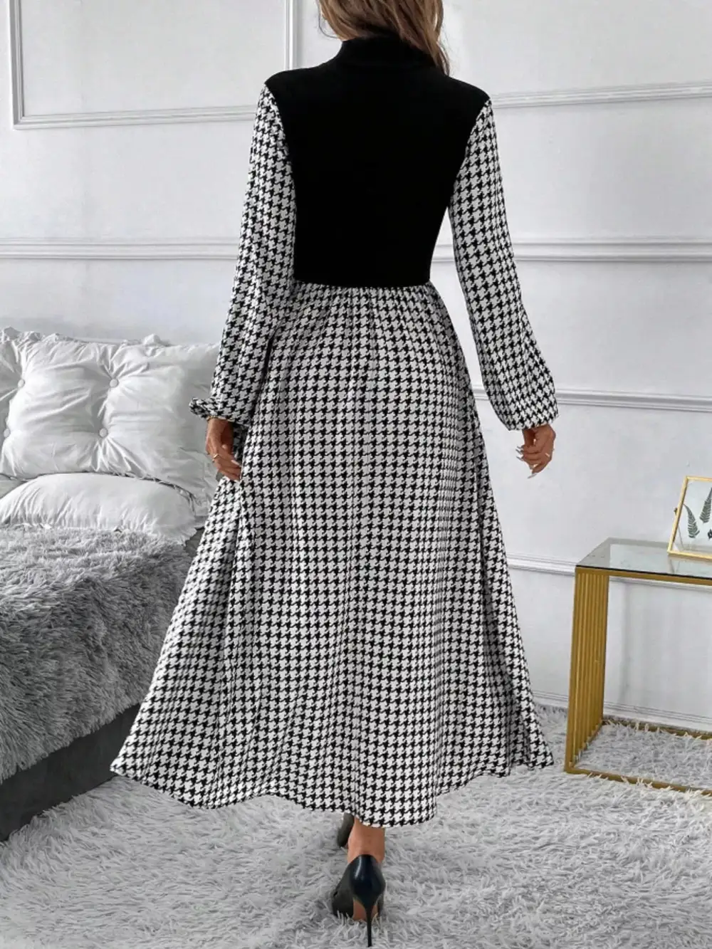 Houndstooth Mock Neck Dress Casual