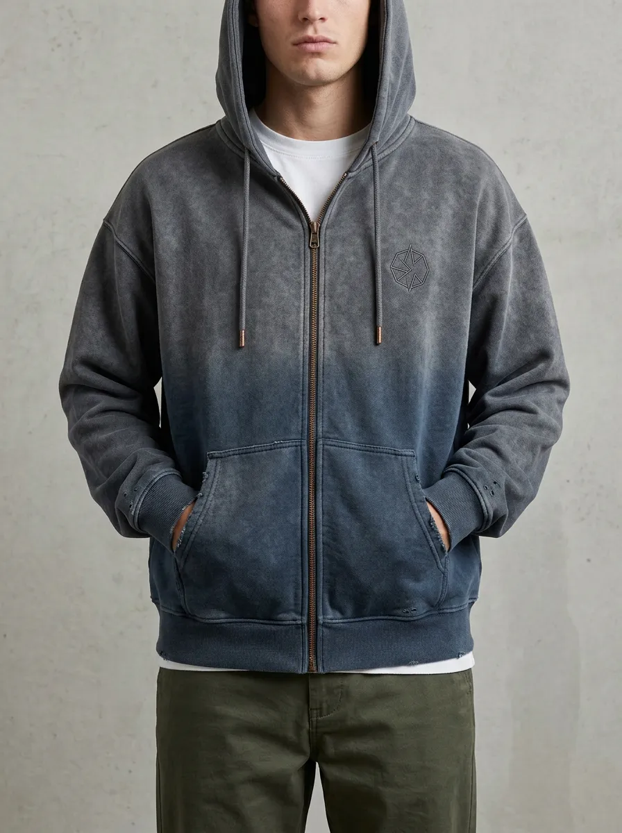 Men's Geometric Logo Acid Wash Zip-Up Hoodie with Chest Embroidery