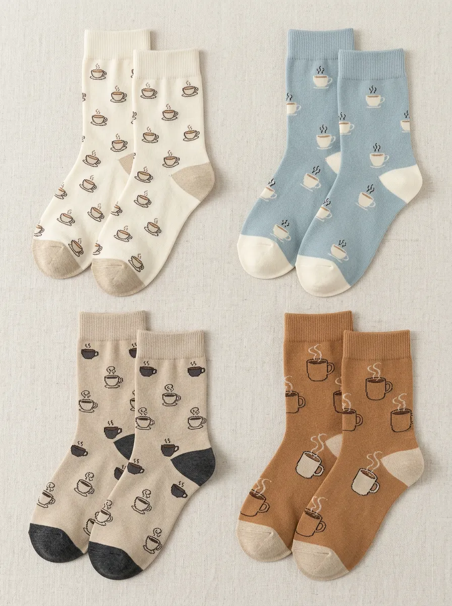 Women's Coffee Cup Contrast Crew Socks Four Pair Set