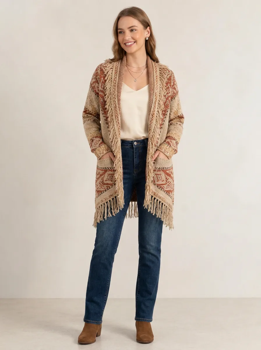 Women's Multi-Color Southwestern Pattern Fringe Cardigan Relaxed-Fit