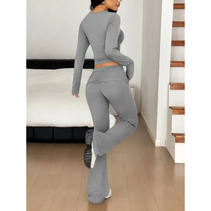 Long Sleeve Crop Top and Bootcut Pants Set