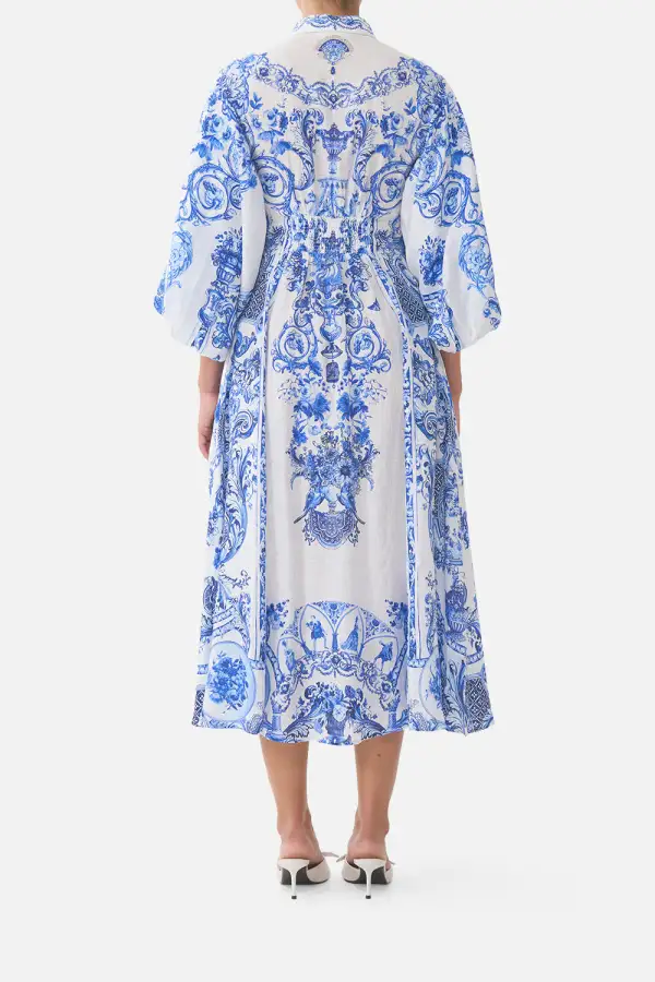 Waist Tie Shirt Dress with Bubble Sleeve