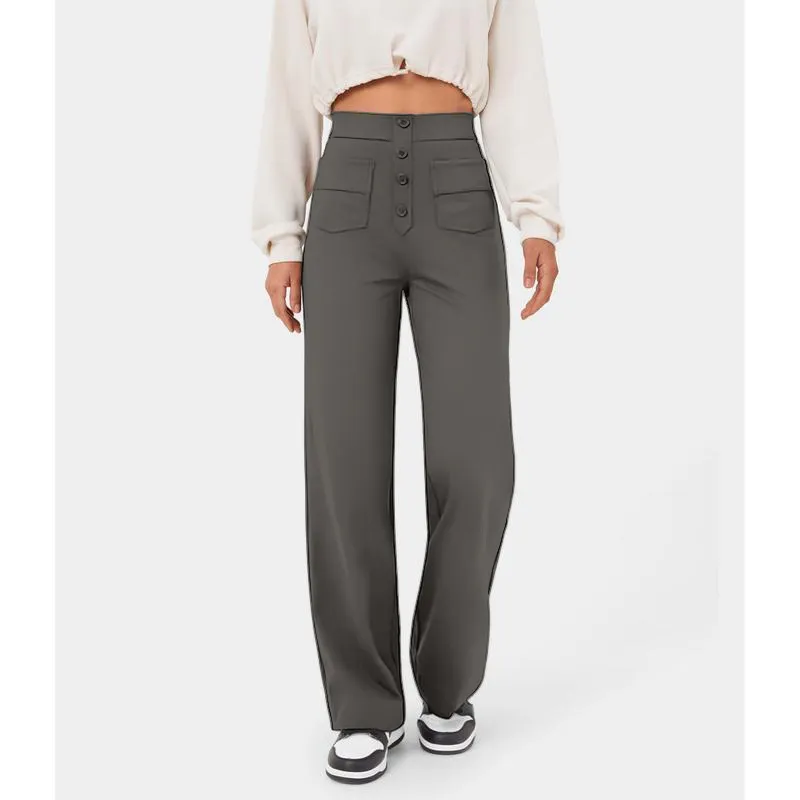 High Waisted Pockets Straight Leg Casual Pants