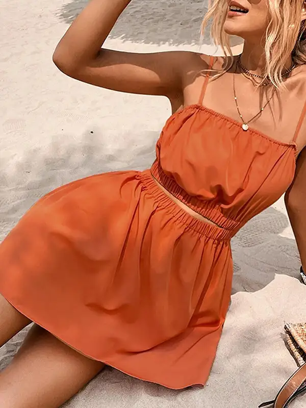 A Line Relaxed Elasticity Hollow Solid Color Split Joint Spaghetti Neck