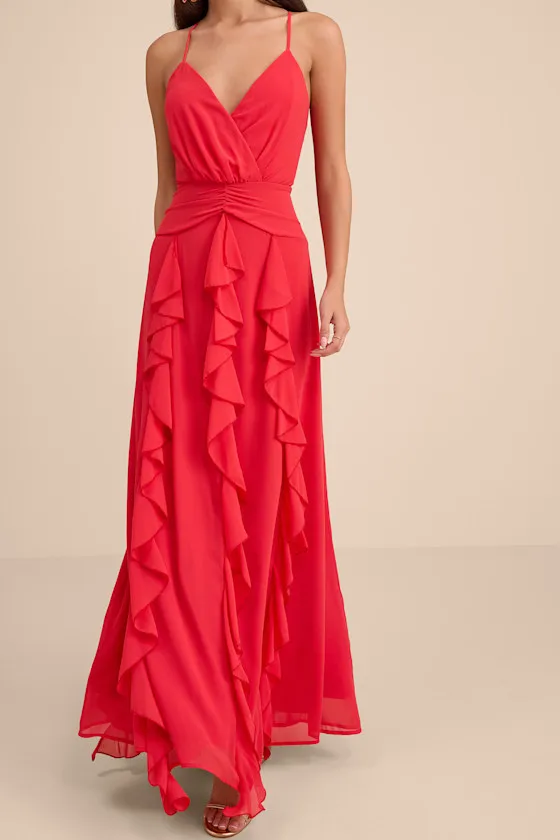 Astraea Red Surplice Ruffled Maxi Dress
