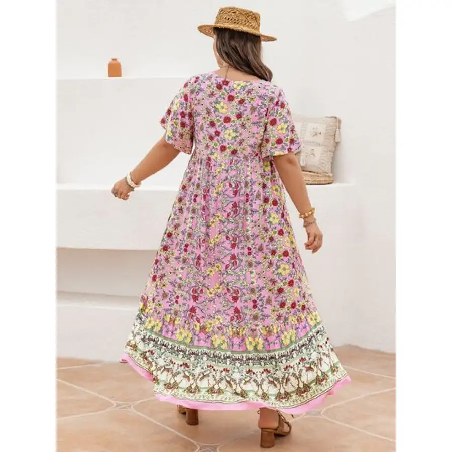 Relaxed Plus Size Floral Tie Neck Flutter Sleeve Maxi Dress