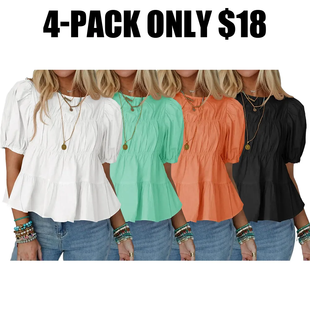 Womens Puff Sleeve Peplum Babydoll Tops