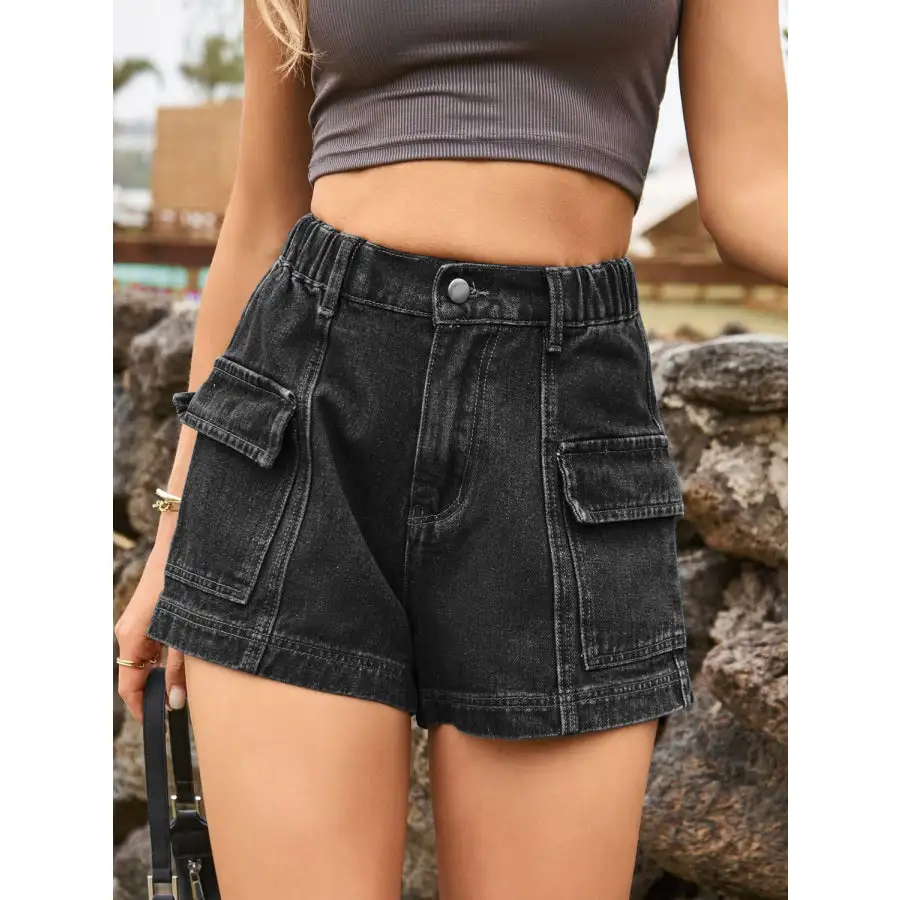 Textured High Waist Denim Shorts with Pockets