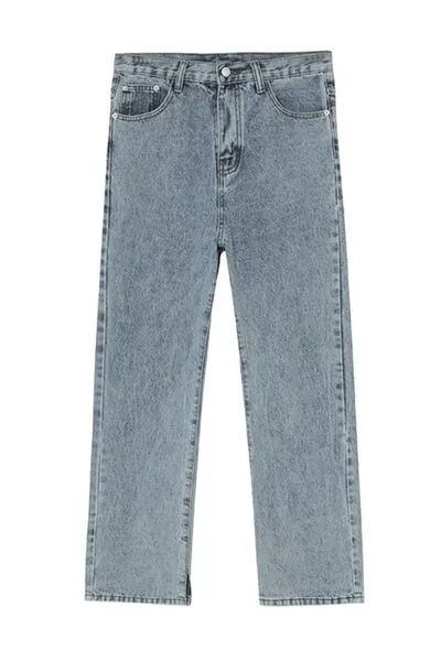 Refined Washed Side-Slit Pocketed Stretch Straight Leg Jeans