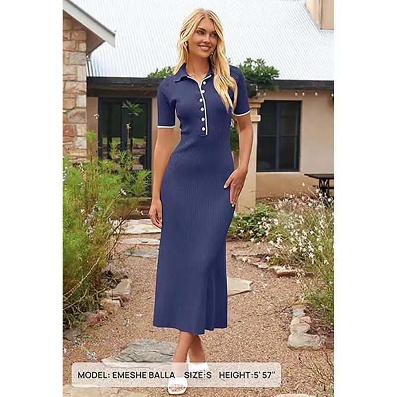 Women's V Neck Ribbed Knit Maxi Dress Button Short Sleeve Slim Fit Bodycon Sweater Dress