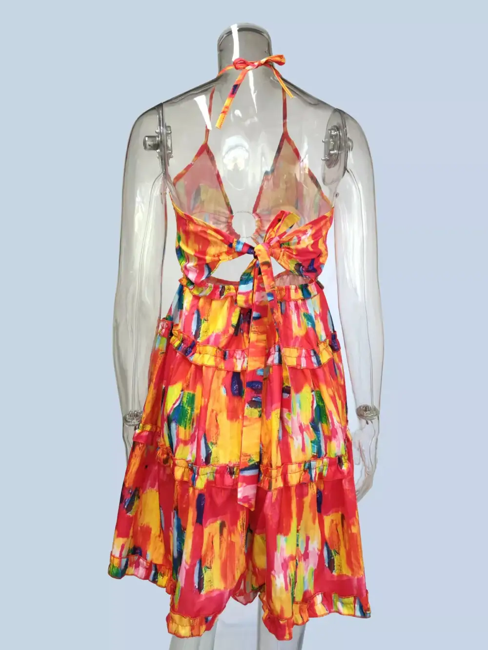 Colorful Print Halter Neck Ruffle Mini Dress