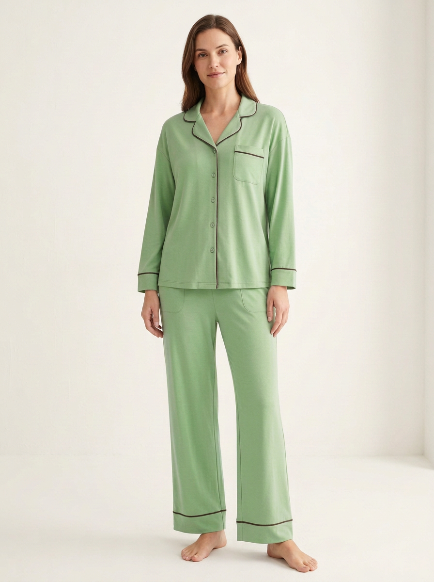 Women's Piped-Cuff Side-Pocket Button-Down Pajama Set