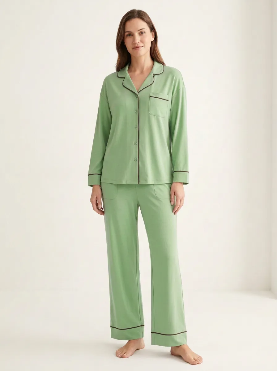 Women's Piped-Cuff Side-Pocket Button-Down Pajama Set