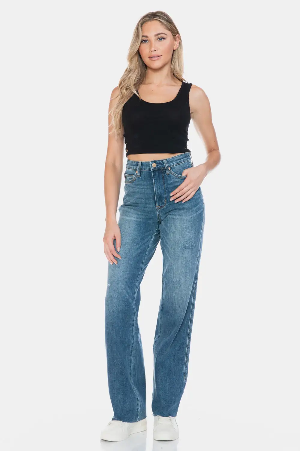 Relaxed Straight Leg Raw Hem Denim Jeans