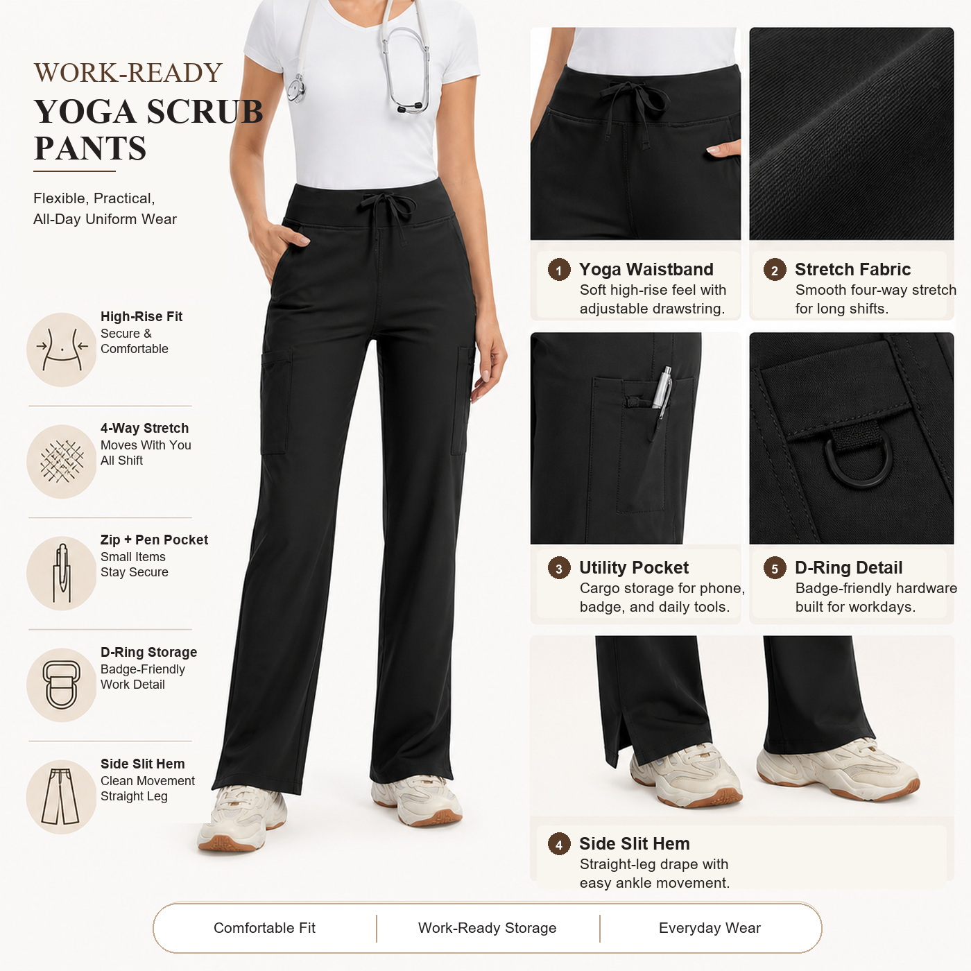 All-around detail view of stretch scrub cargo pants