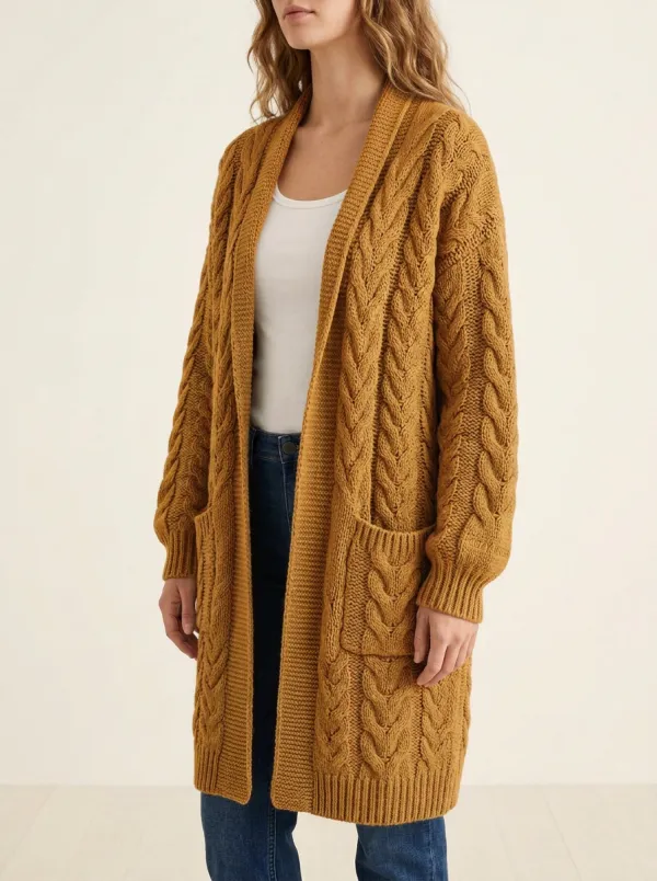 Women's Cable Knit Open-Front Open- Design Wide Ribbed Long Cardigan