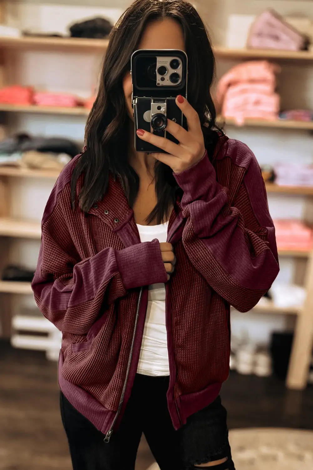 Waffle Splicing Zip-Up Front Button Hooded Jacket