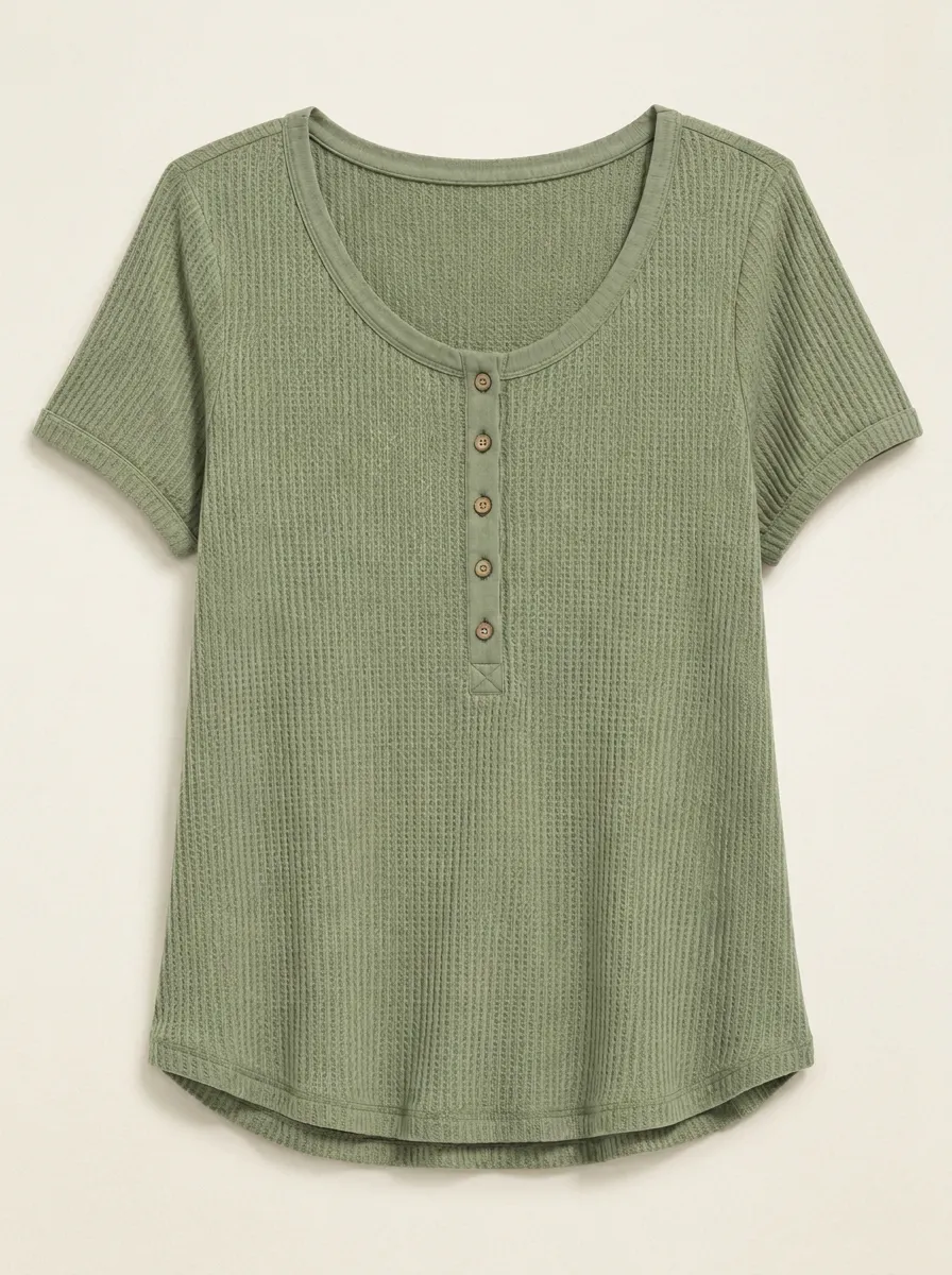 Women's Sage Green Waffle Knit Henley T-Shirt