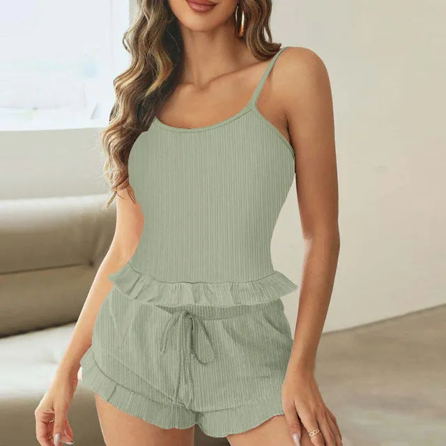 Two Piece Lace Frill Hem Pajama Set
