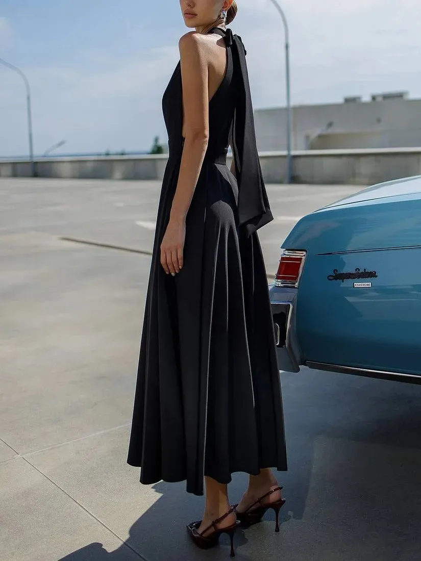 Elegant Halter Neck Flared Midi Dress