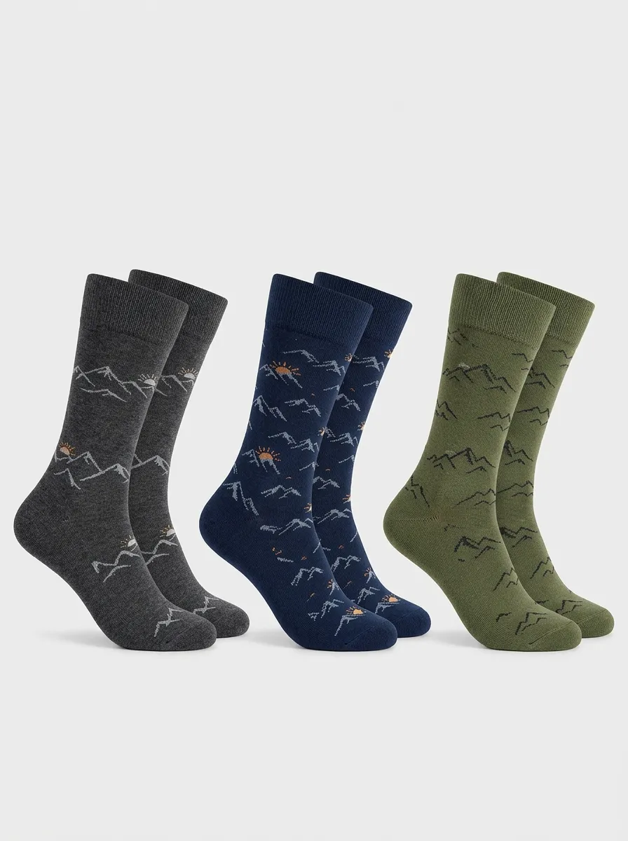 Men's Three-Pair Mountain Sun Graphic Crew Sock Set