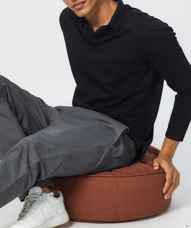Black Long Sleeve Cotton Polo Shirt