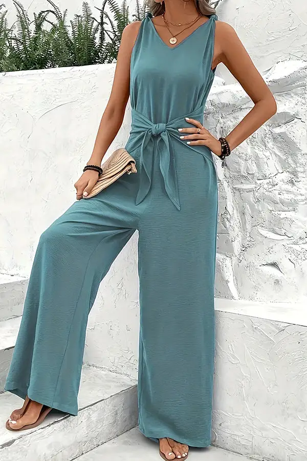 Color V Neck Knot Front Jumpsuit