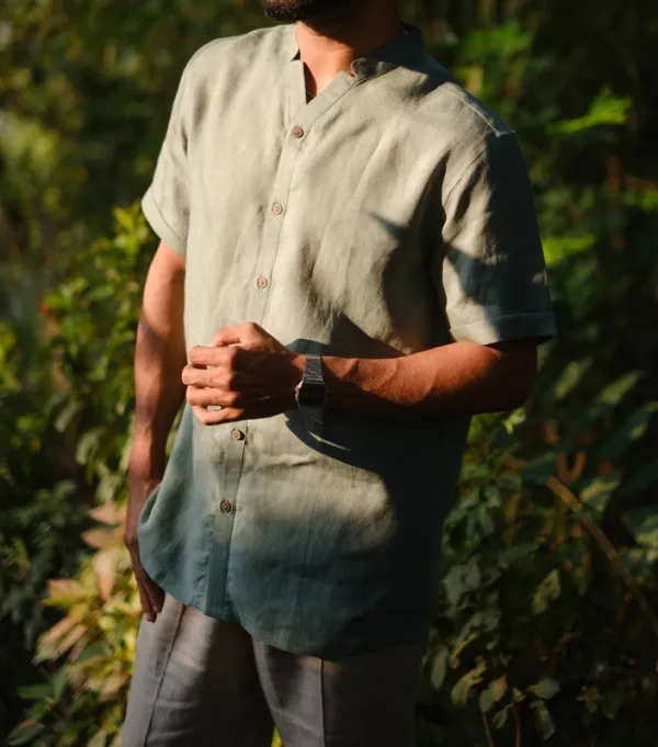 Sage Green Relaxed Linen V-Neck Shirt