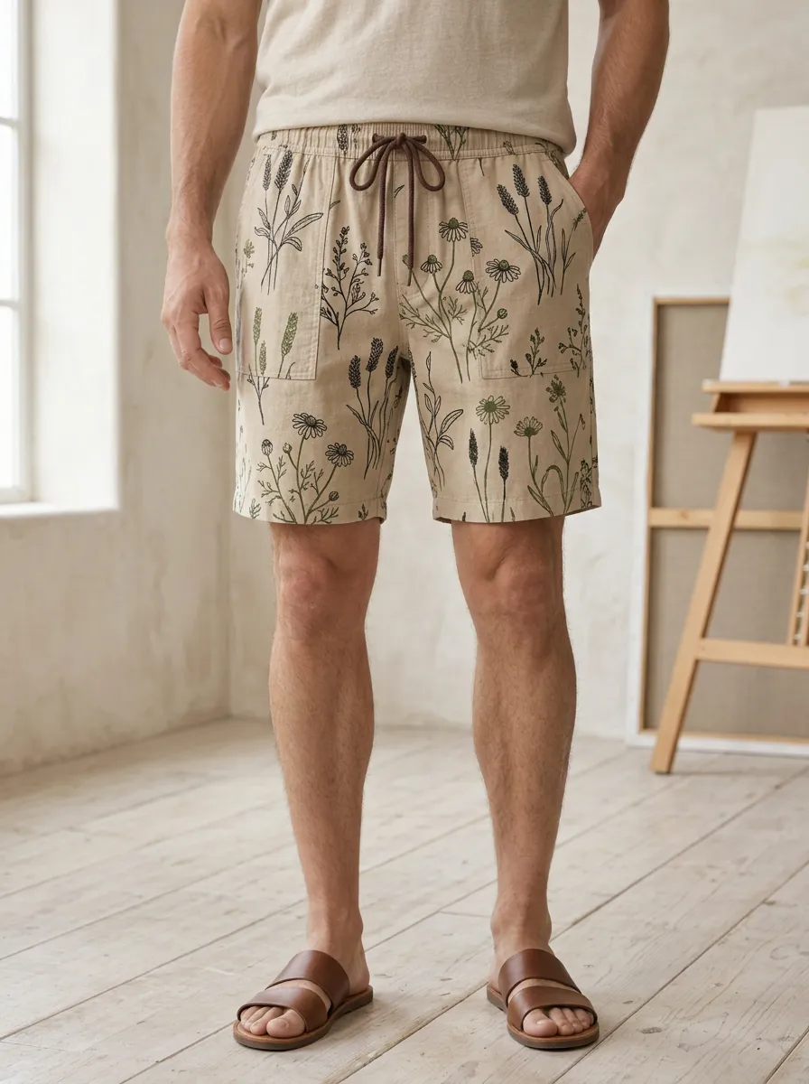 Men's Relaxed Botanical Nature Wildflower Drawstring Shorts