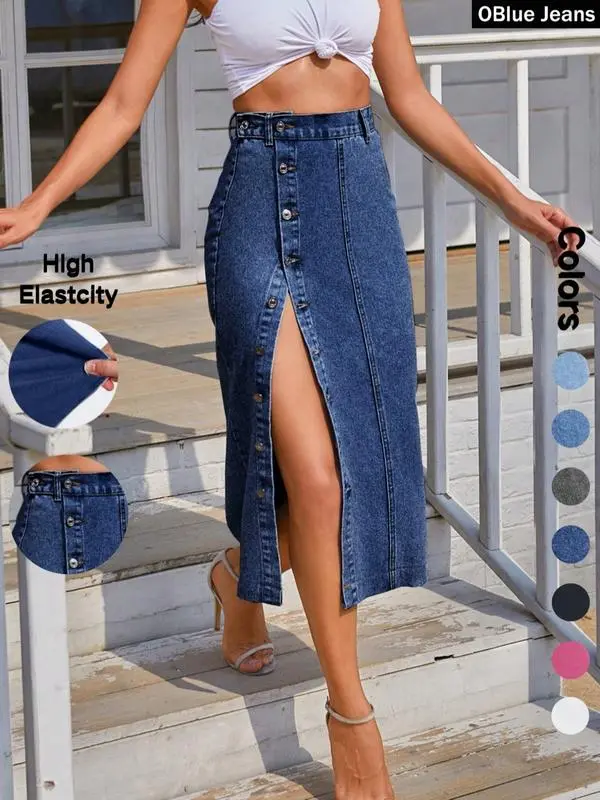 Women'S Button Front Denim Skirt, Casual Fashion Skirt For Daily Wear