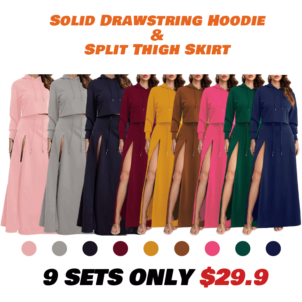 Women'S Solid Drawstring Hoodie & Split Thigh Skirt Set, Long Sleeve Top & Pocket Long Skirt, Casual Fashion Cozy Co-Ord Set, Women Clothes